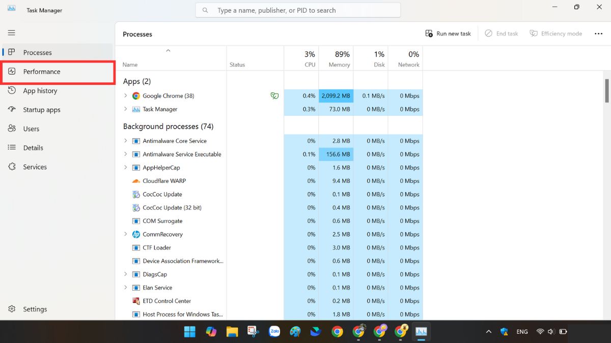 Kiểm tra bus RAM bằng Task Manager trên Windows
