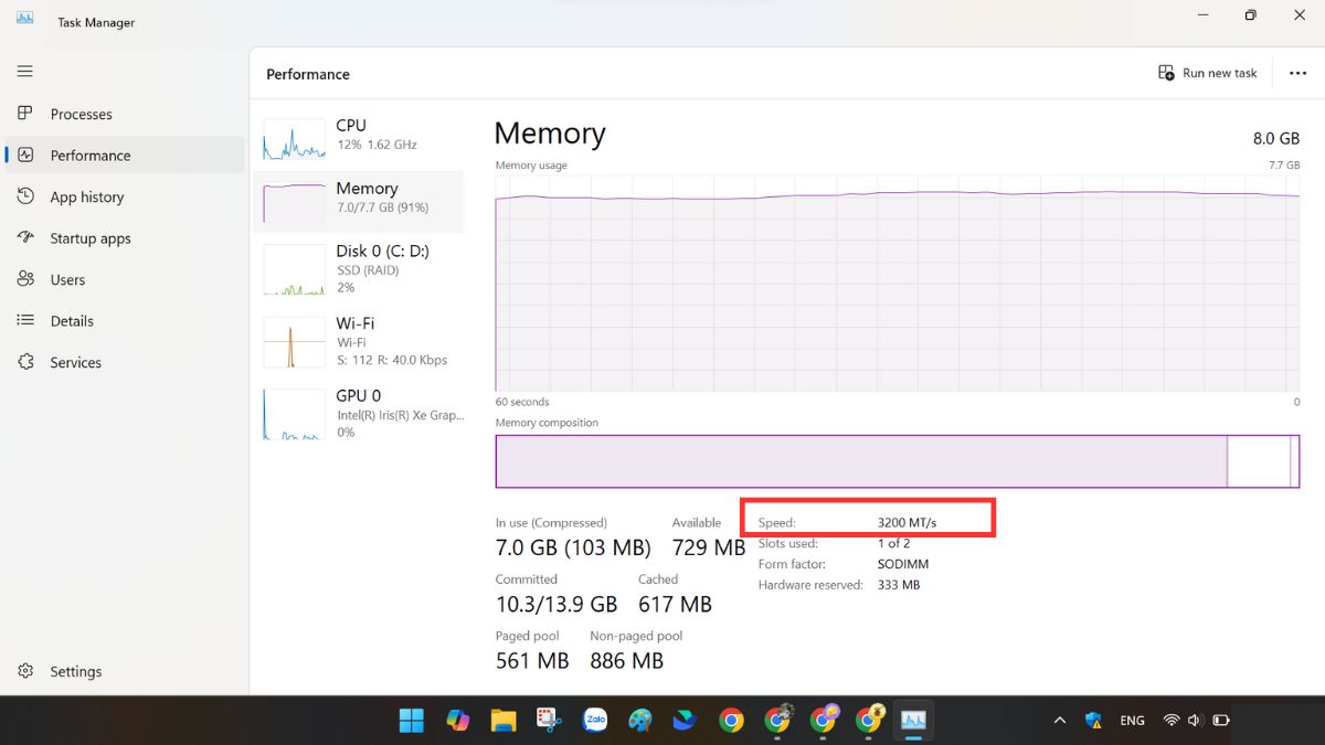 Kiểm tra bus RAM bằng Task Manager trên Windows