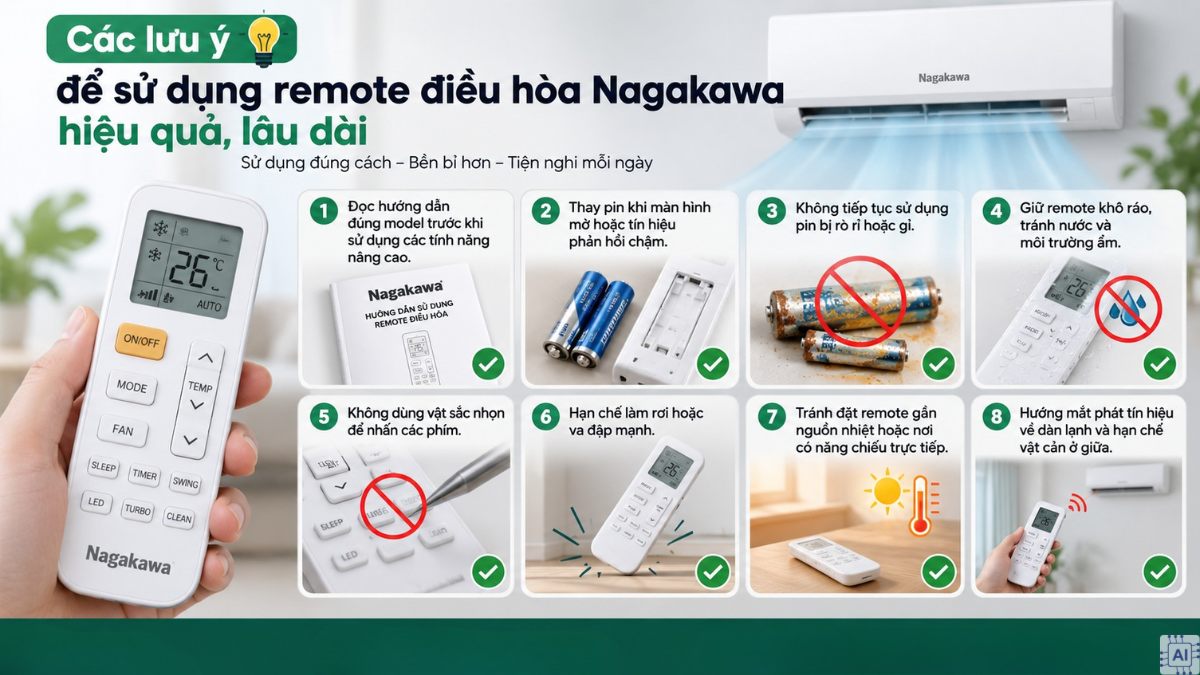 Các lưu ý để sử dụng remote điều hòa Nagakawa hiệu quả, lâu dài