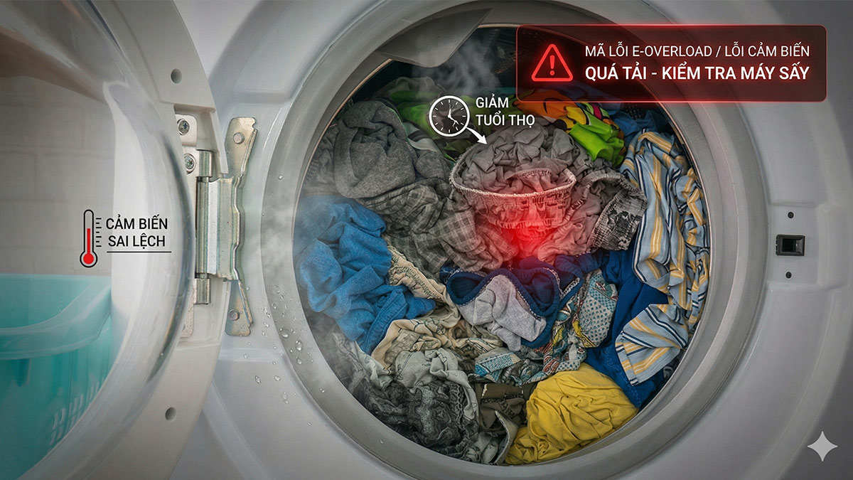 Quá tải quần áo khi sấy là nguyên nhân phổ biến làm máy sấy Electrolux bị lỗi