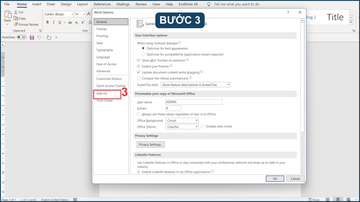 Hướng dẫn tắt Add-ins trên Words