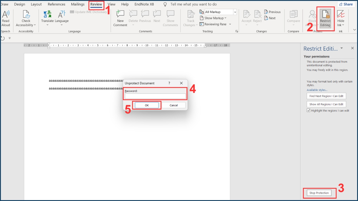 Thao tác gỡ bỏ tính năng Restrict Editing để sửa lỗi The selection is locked