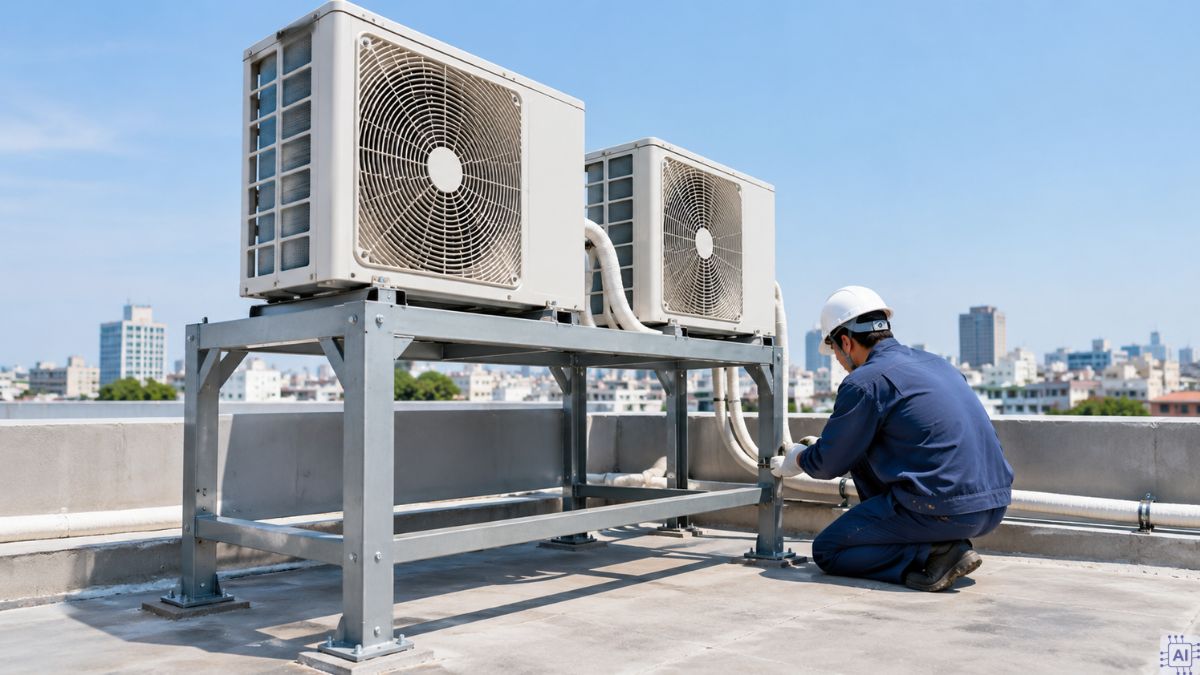 Lắp cục nóng điều hòa trên khung độc lập phía trên mái