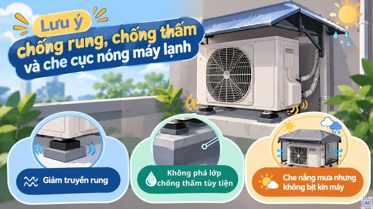 Lưu ý chống rung, chống thấm và che cục nóng máy lạnh