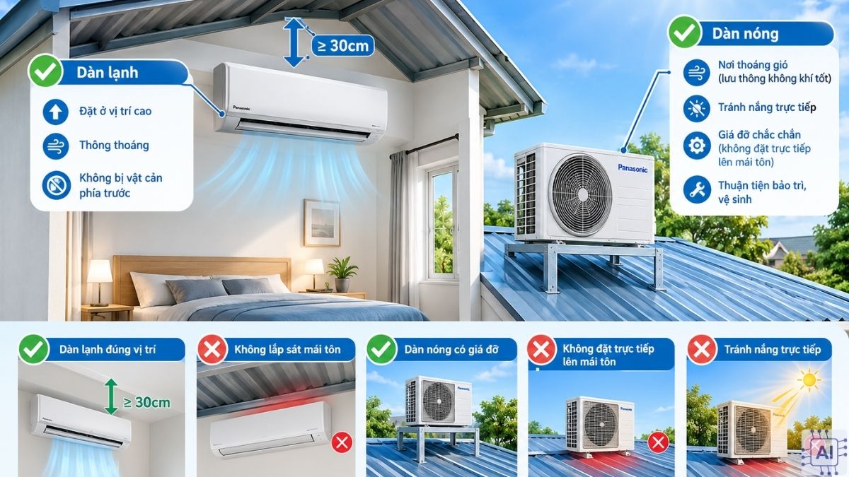 Vị trí lắp dàn nóng và dàn lạnh cho nhà mái tôn
