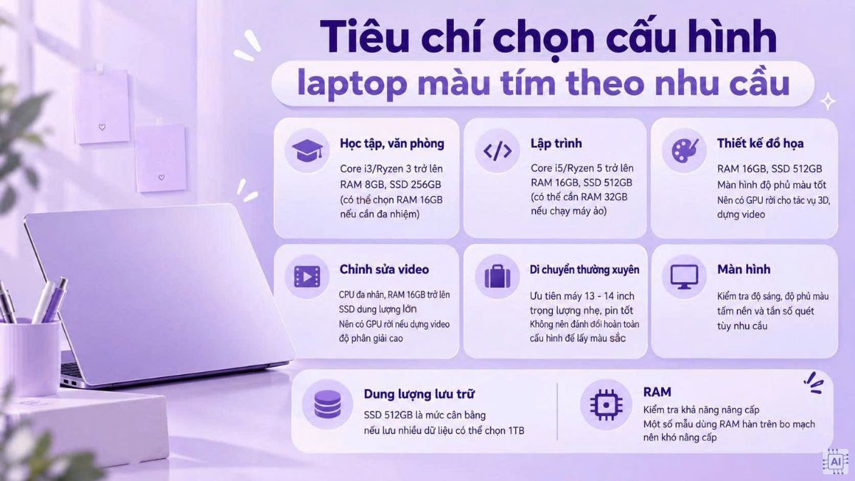 Tiêu chí chọn cấu hình laptop màu tím theo nhu cầu