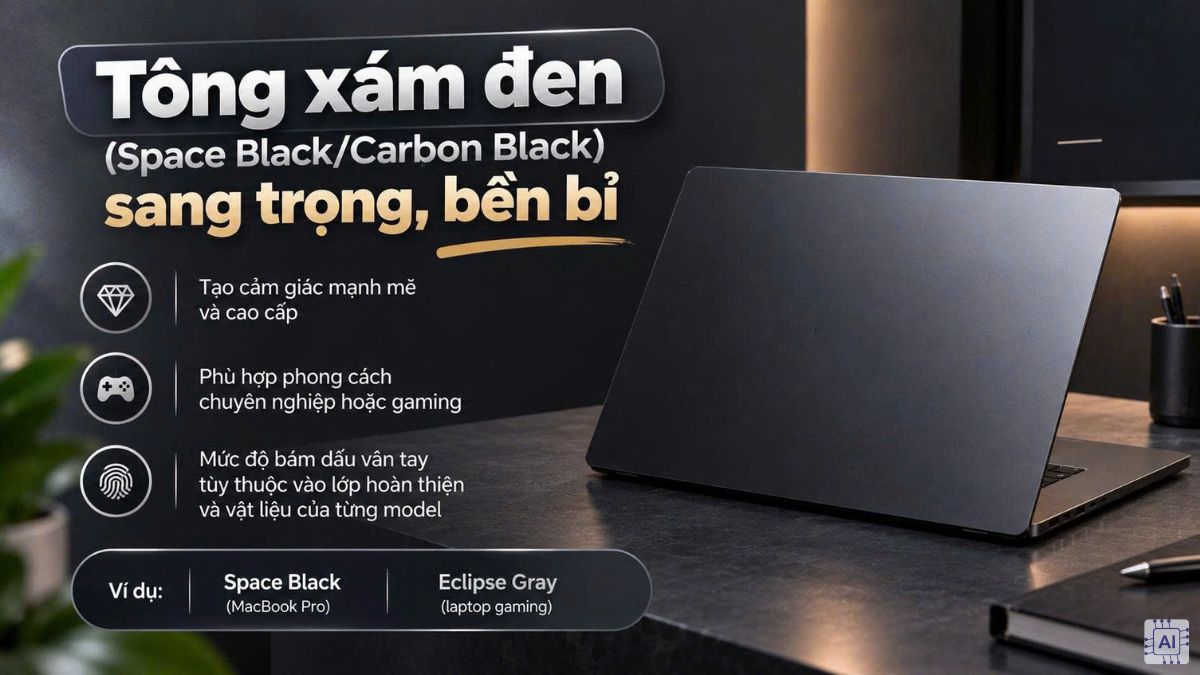 Laptop tông xám đen (Space Black/Carbon Black) sang trọng, bền bỉ