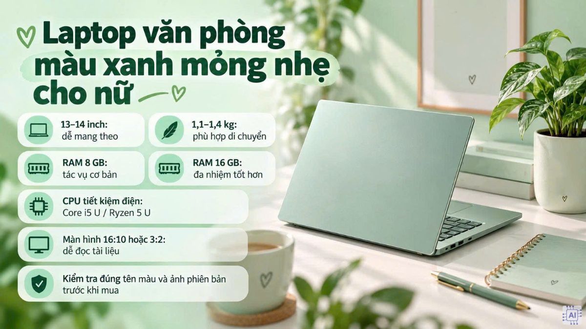 Laptop văn phòng màu xanh mỏng nhẹ cho nữ