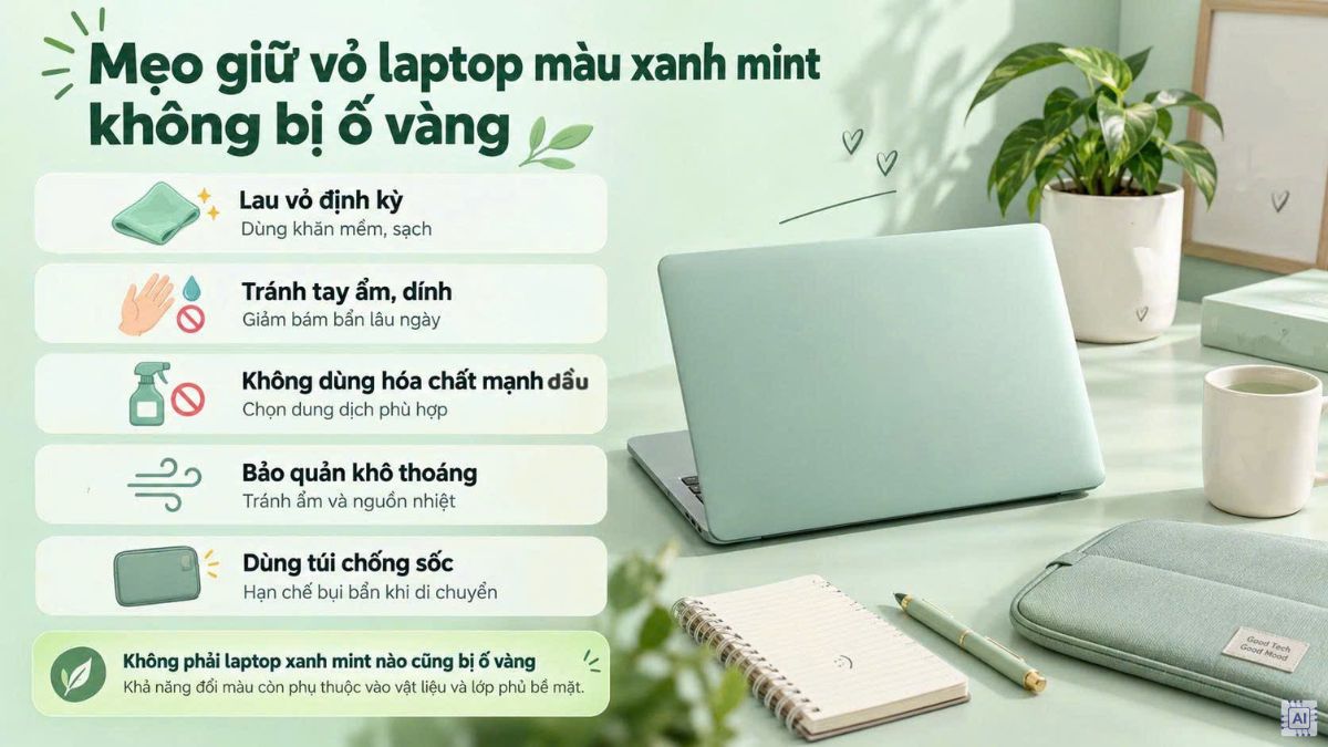 Mẹo giữ vỏ laptop màu xanh mint không ố vàng