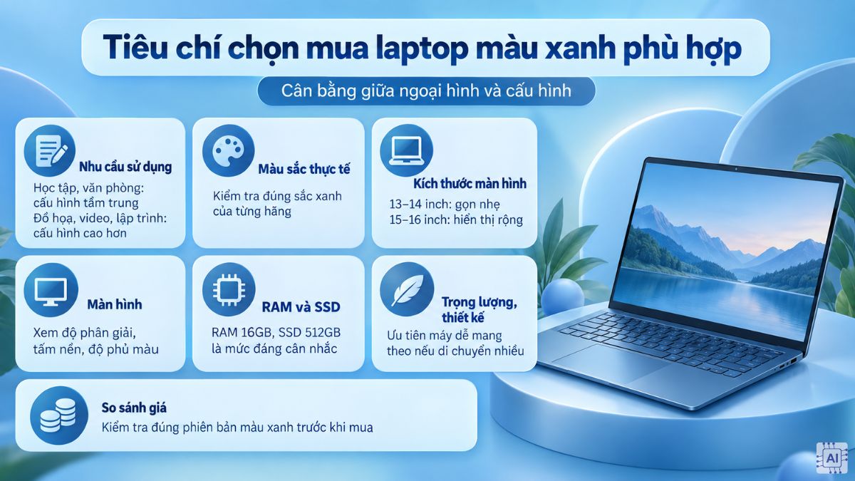 Tiêu chí chọn mua laptop màu xanh phù hợp