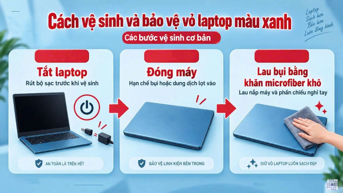 Cách vệ sinh và bảo vệ vỏ laptop màu xanh