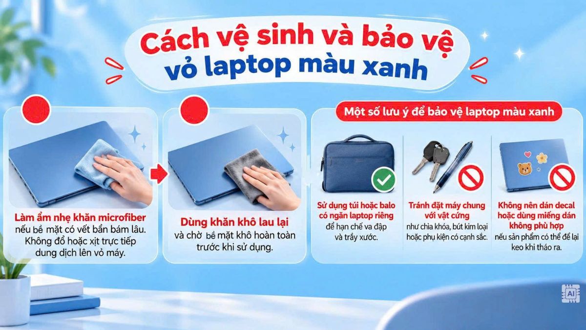 Cách vệ sinh và bảo vệ vỏ laptop màu xanh
