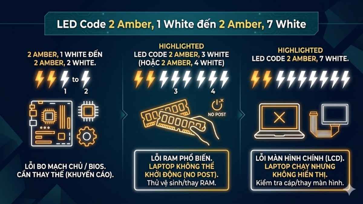 LED Code 2 Amber, 1 White đến 2 Amber, 7 White