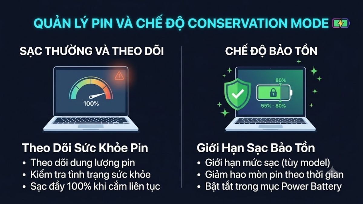 Quản lý pin và chế độ sạc Conservation Mode