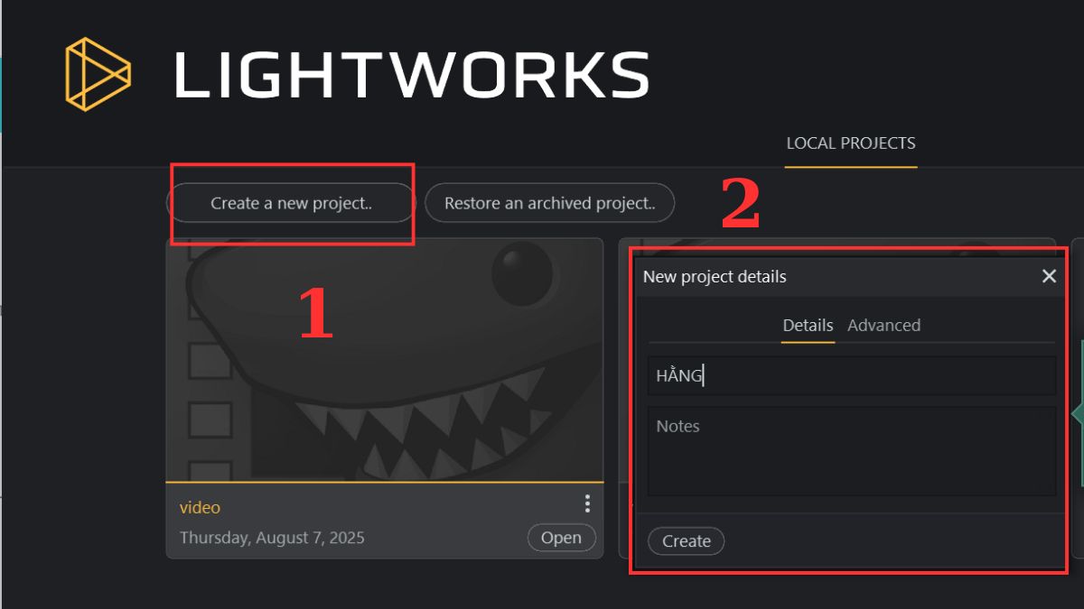 Tạo dự án mới để chỉnh sửa video trên Lightworks