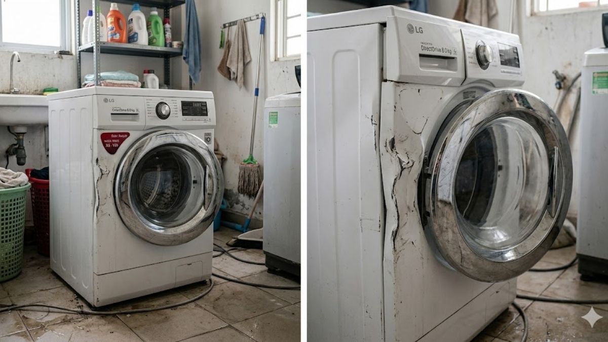 Vỏ máy giặt bị cong vênh do va đập khiến máy giặt không đóng được cửa