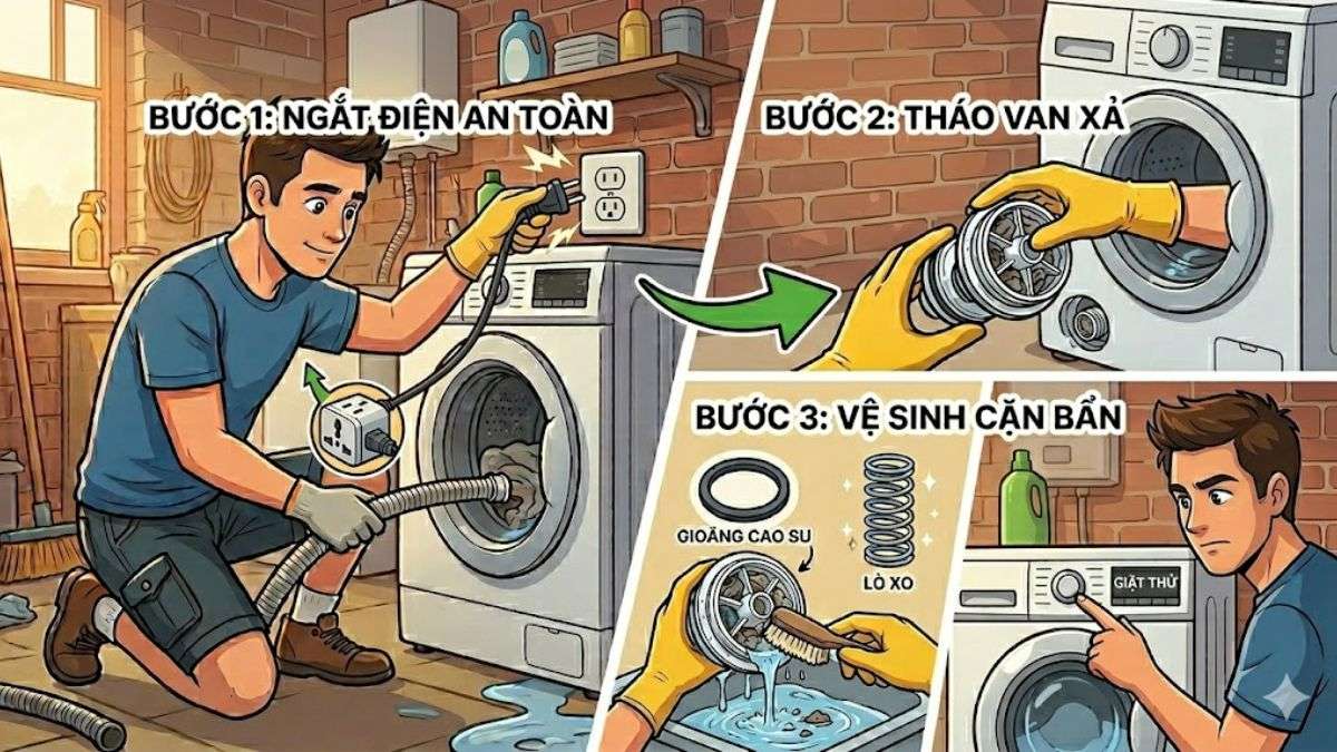 Kiểm tra và vệ sinh van xả nước để van xả máy giặt hoạt động bình thường