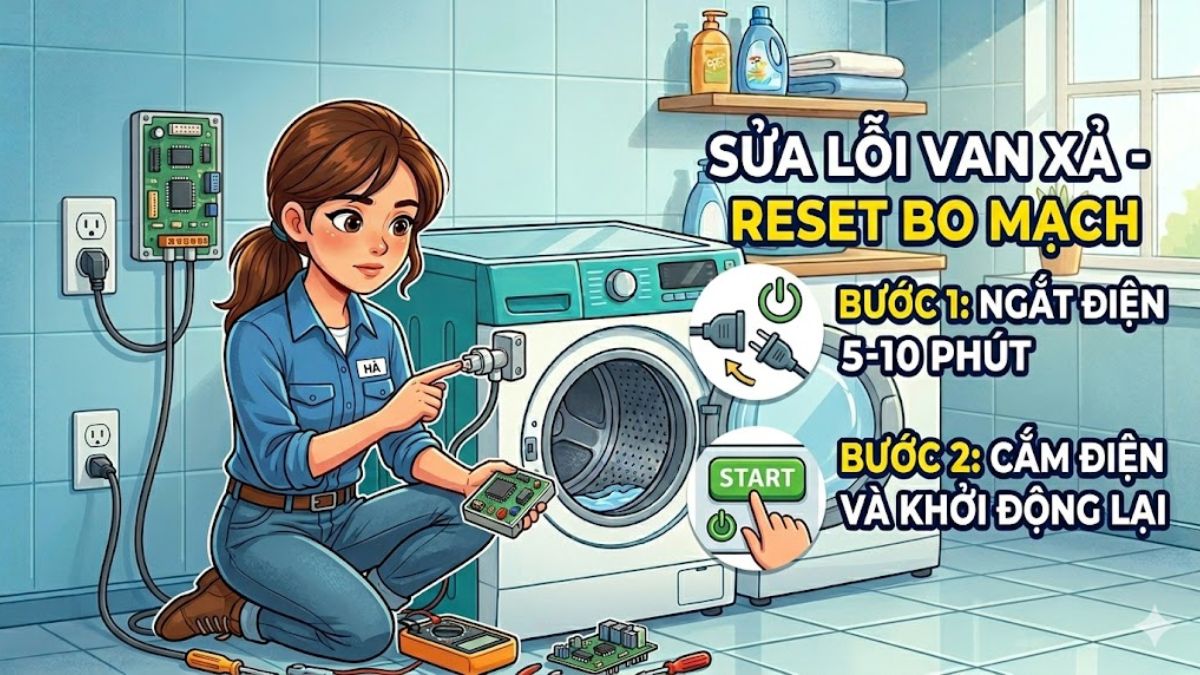 Reset lại bo mạch điều khiển máy giặt để sửa lỗi của van xả máy giặt
