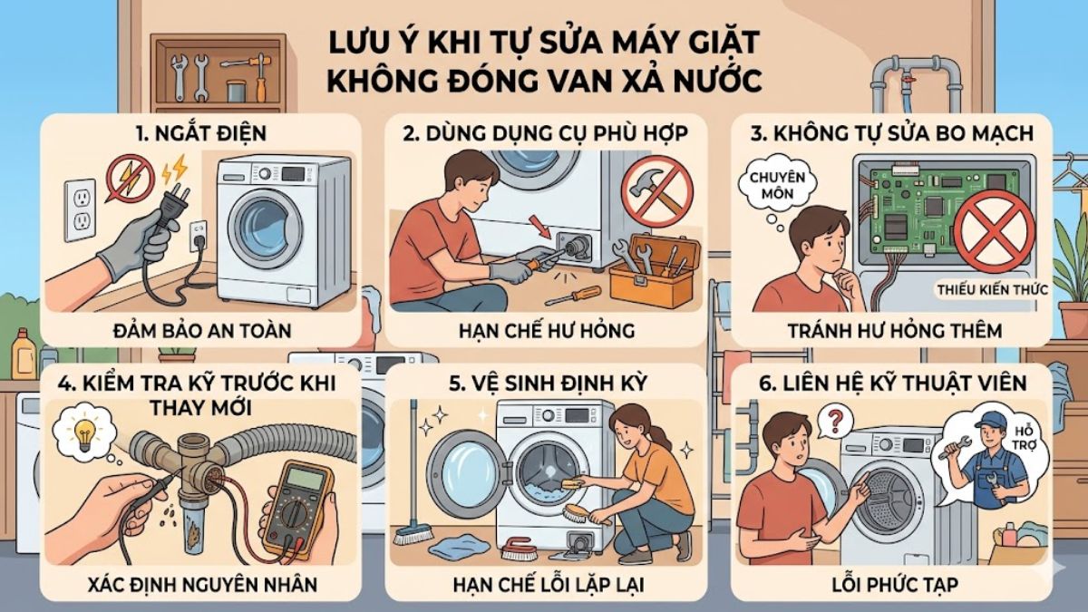 Lưu ý khi tự sửa máy giặt không đóng van xả nước