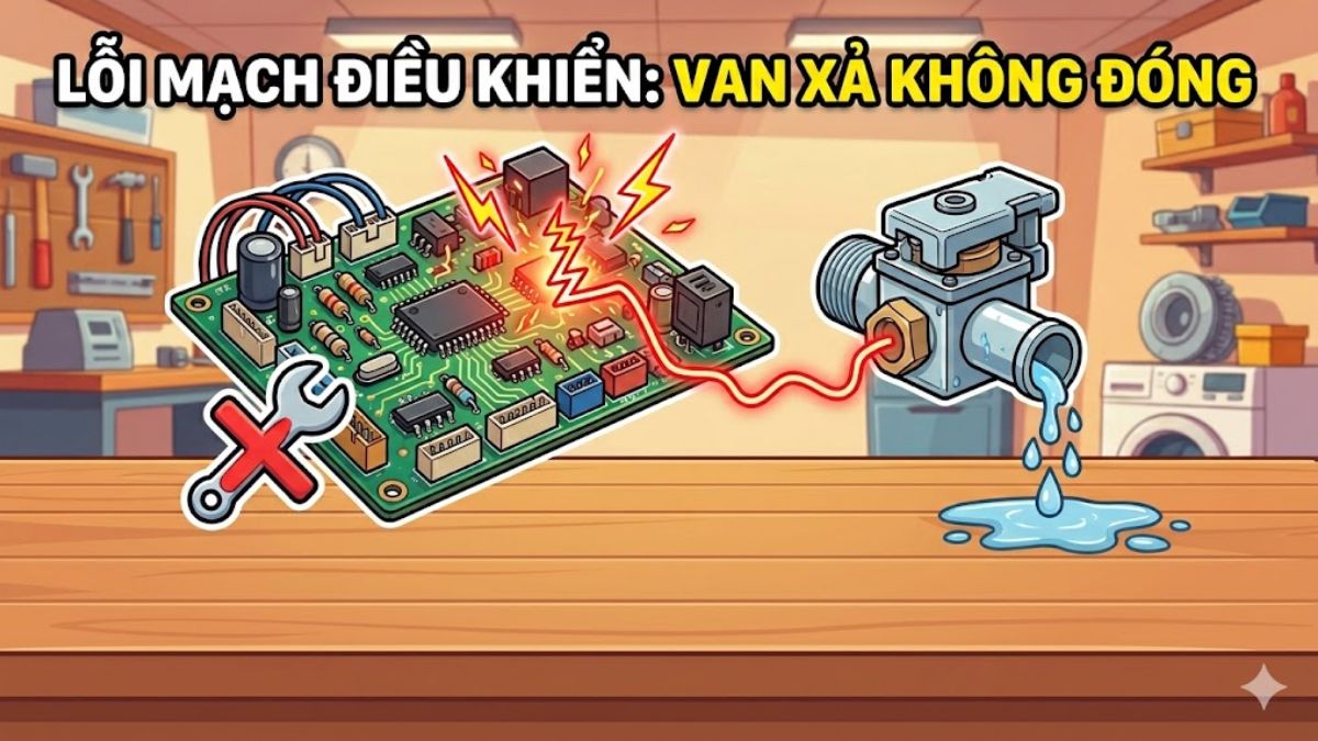Mạch điều khiển van bị lỗi khiến máy giặt không đóng van xả nước