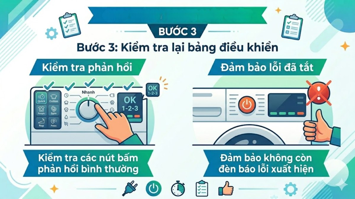 Kiểm tra lại bảng điều khiển sau khi reset máy giặt và thiết lập trước khi sử dụng