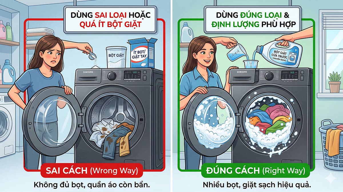 Máy giặt không có bọt xà phòng nếu sử dụng sai loại bột giặt hoặc không đủ định lượng