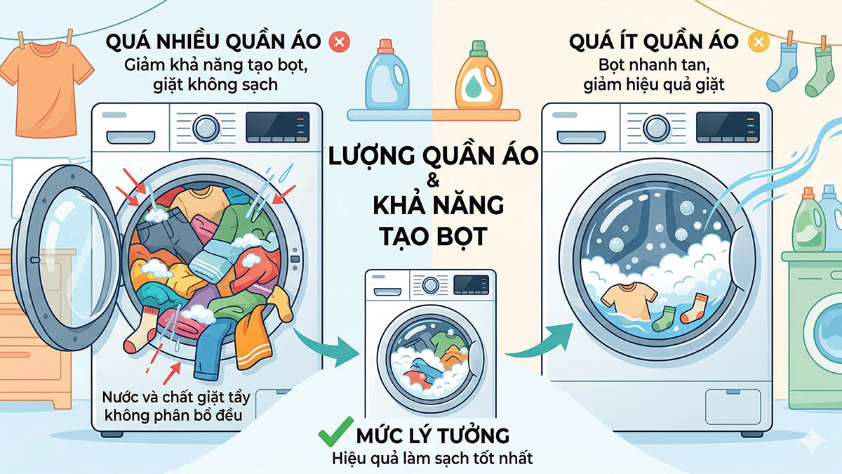 Lượng quần áo quá nhiều hoặc quá ít cũng ảnh hưởng đến việc tạo bọt