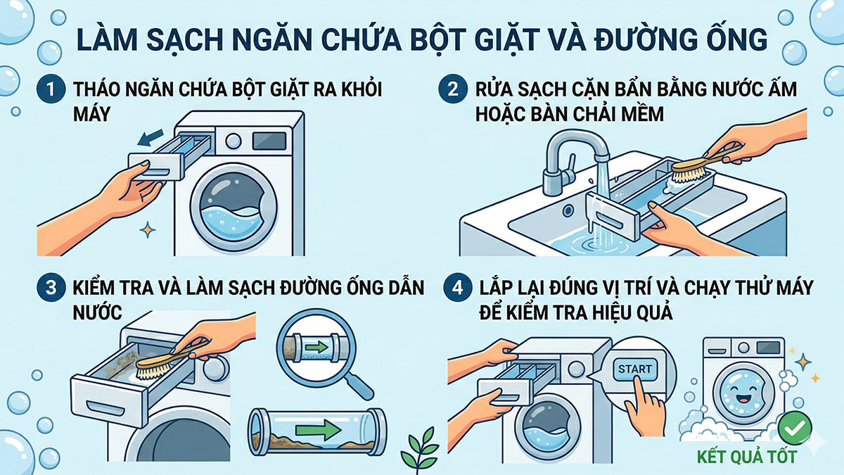 Làm sạch ngăn chứa bột giặt và đường ống để khắc phục tình trạng máy giặt không có bọt