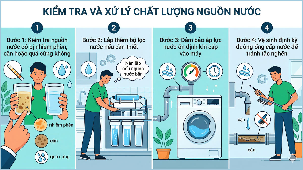 Kiểm tra và xử lý lại chất lượng nguồn nước đảm bảo máy giặt tạo bọt bình thường
