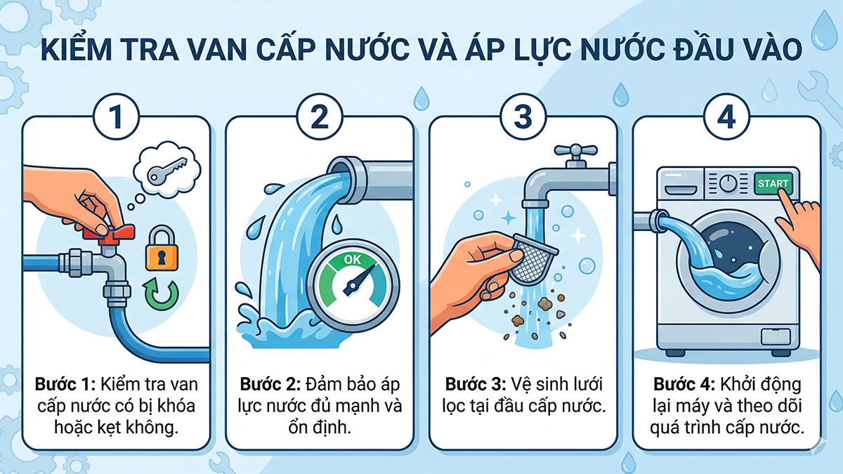 Kiểm tra van cấp nước và áp lực nước đầu vào