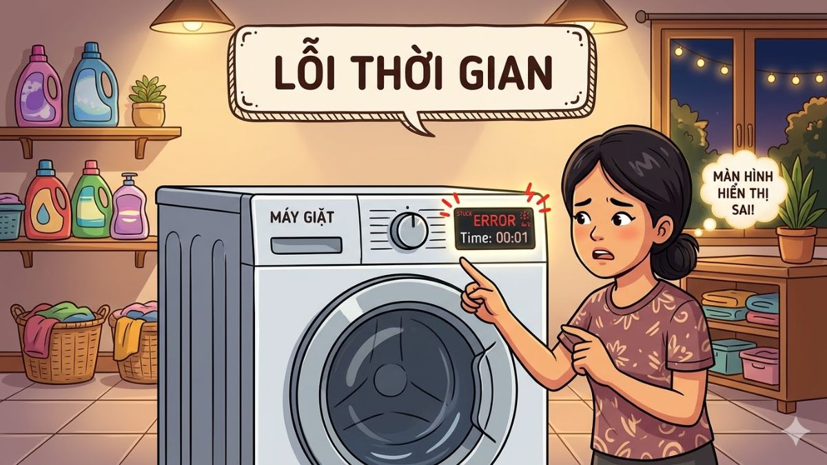 Màn hình hiển thị thời gian bị sai là một trong những dấu hiệu nhận biết máy giặt bị lỗi thời gian