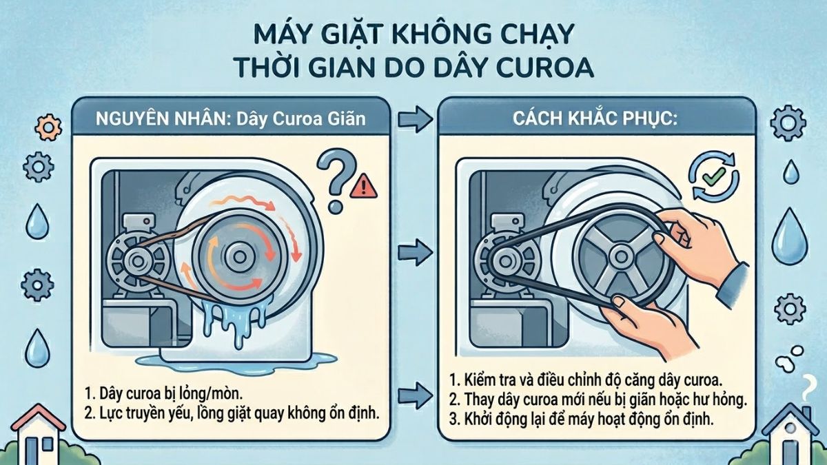 Cách khắc phục tình trạng dây curoa bị giãn làm máy giặt không chạy thời gian