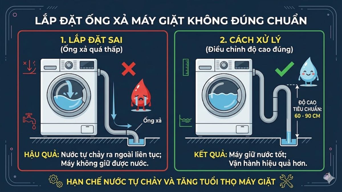 Lắp đặt ống xả không đúng chuẩn là một nguyên nhân phổ biến khiến máy giặt không giữ được nước