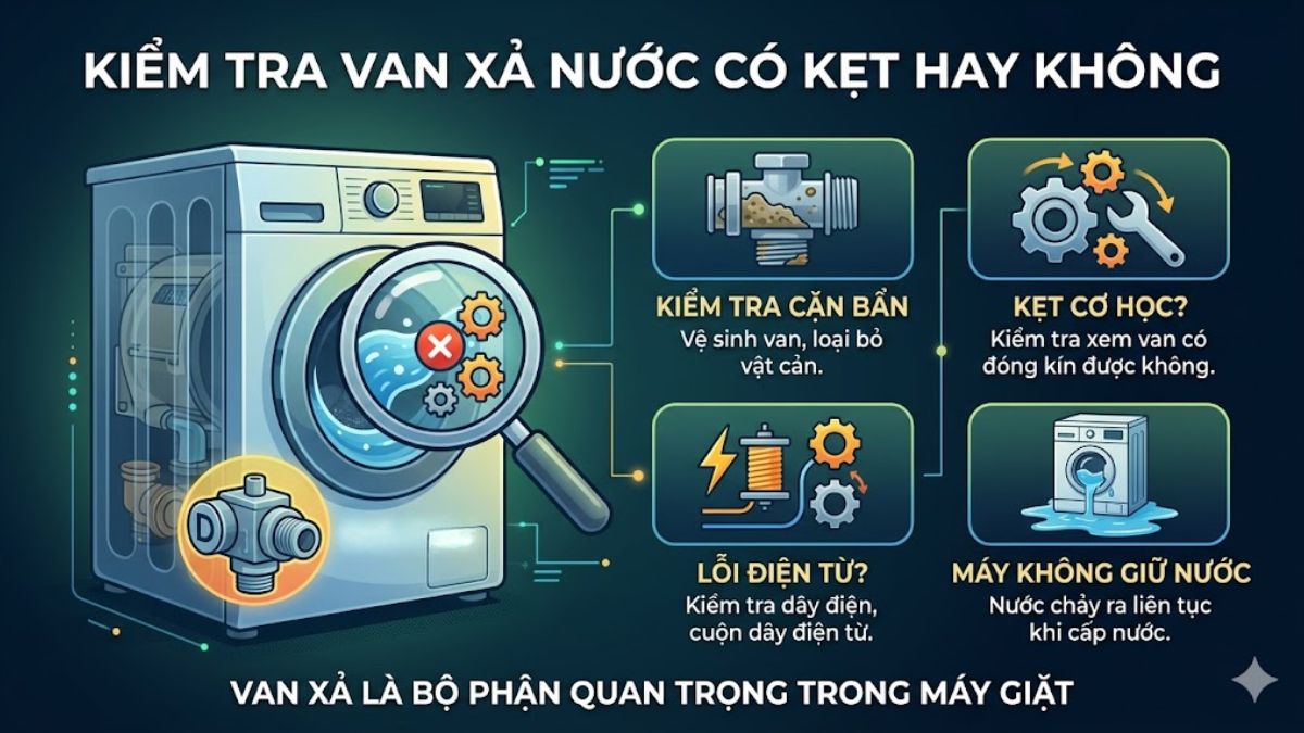 Kiểm tra van xả nước có kẹt hay không để biết nguyên nhân máy giặt không giữ được nước