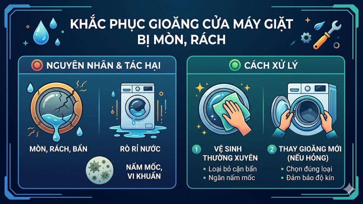 Gioăng cửa máy giặt bị mòn hoặc rách khiến máy giặt không giữ được nước