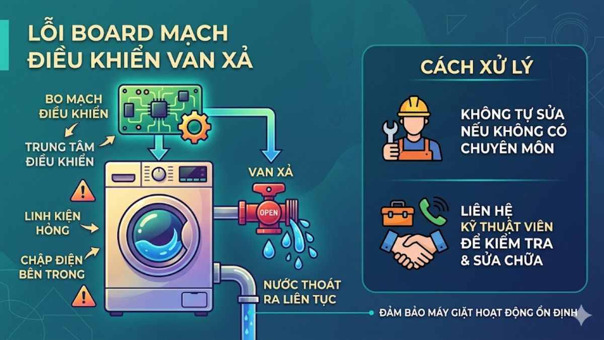 Lỗi board mạch điều khiển van xả là lỗi lớn khiến máy giặt không giữ được nước trong thùng giặt