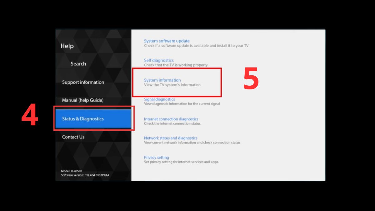 Kiểm tra mã TV Sony trong phần Cài đặt