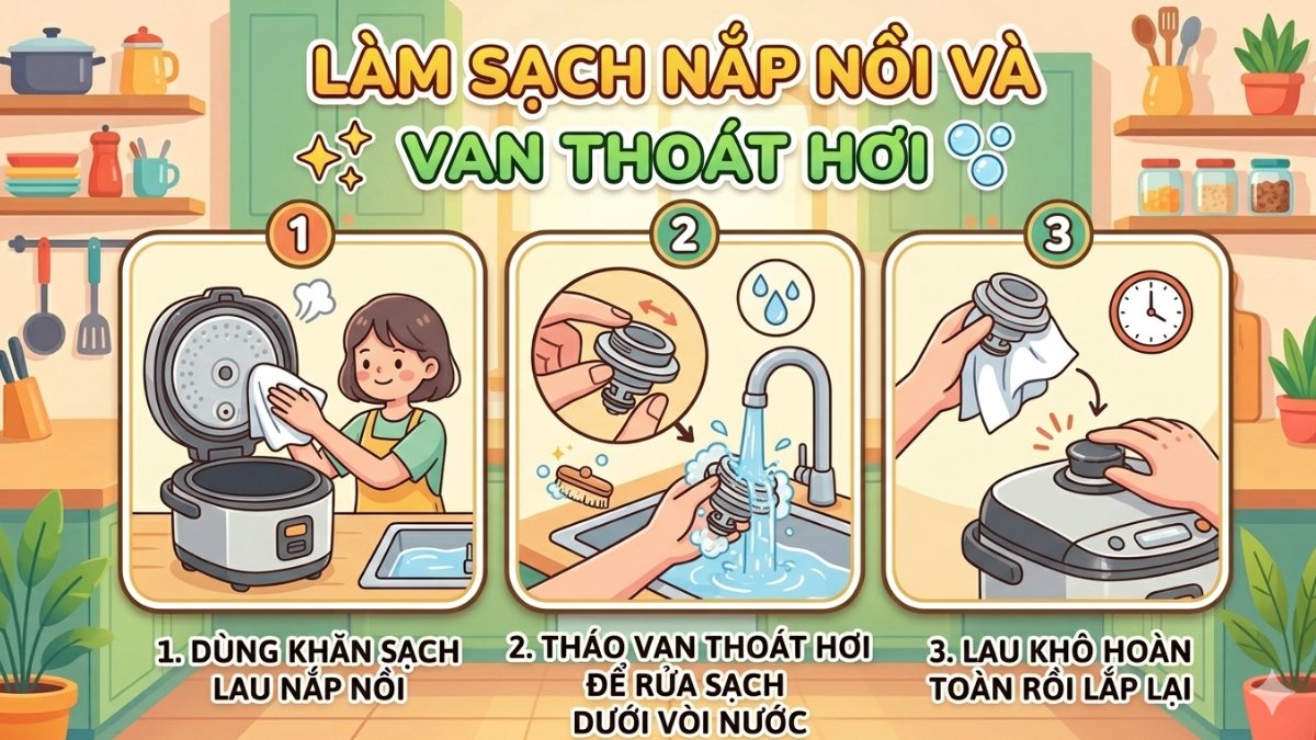Làm sạch nắp nồi và van thoát hơi