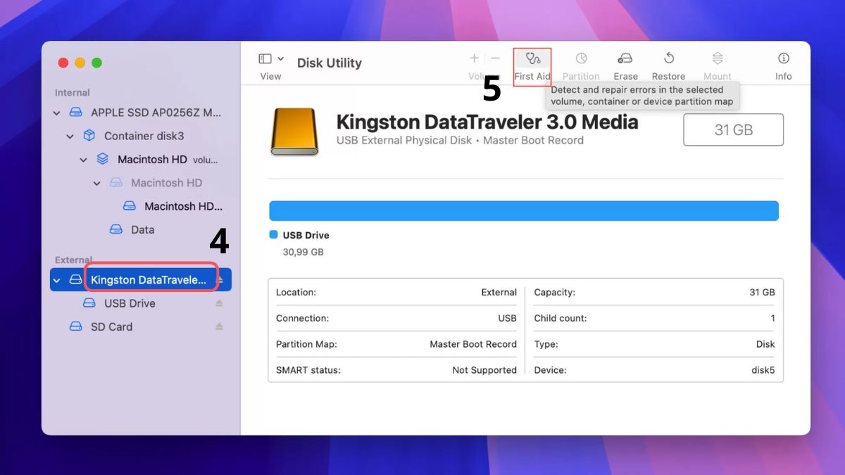 Sử dụng First Aid để sửa lỗi USB