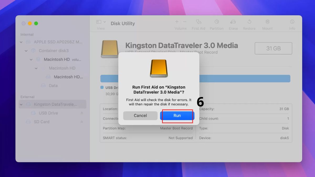 Sử dụng First Aid để sửa lỗi USB