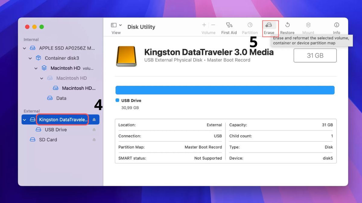 Đổi định dạng USB sang chuẩn phù hợp với macOS
