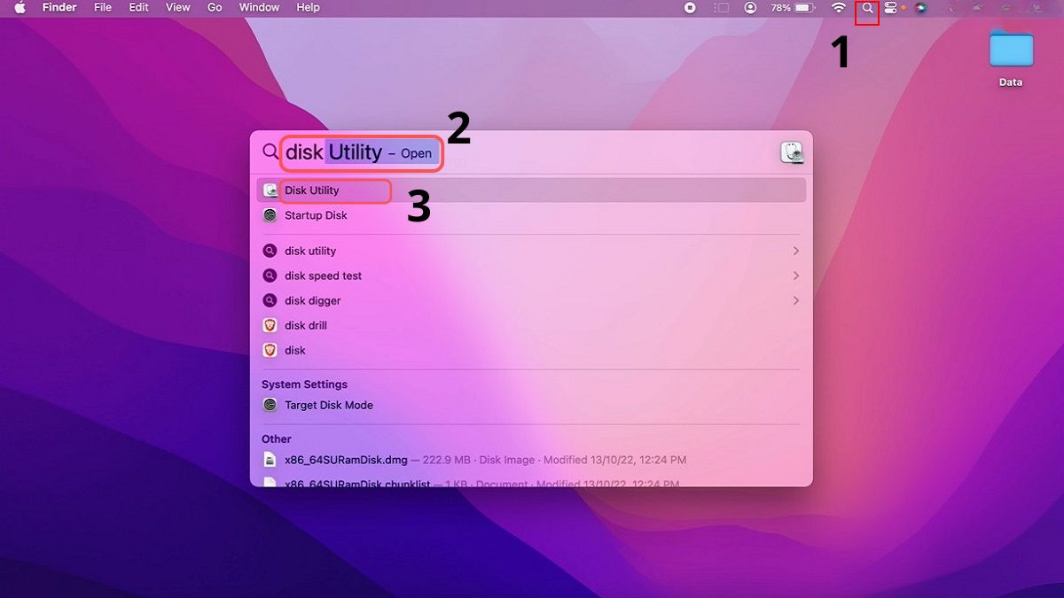 Mở Disk Utility để kiểm tra và Mount USB thủ công