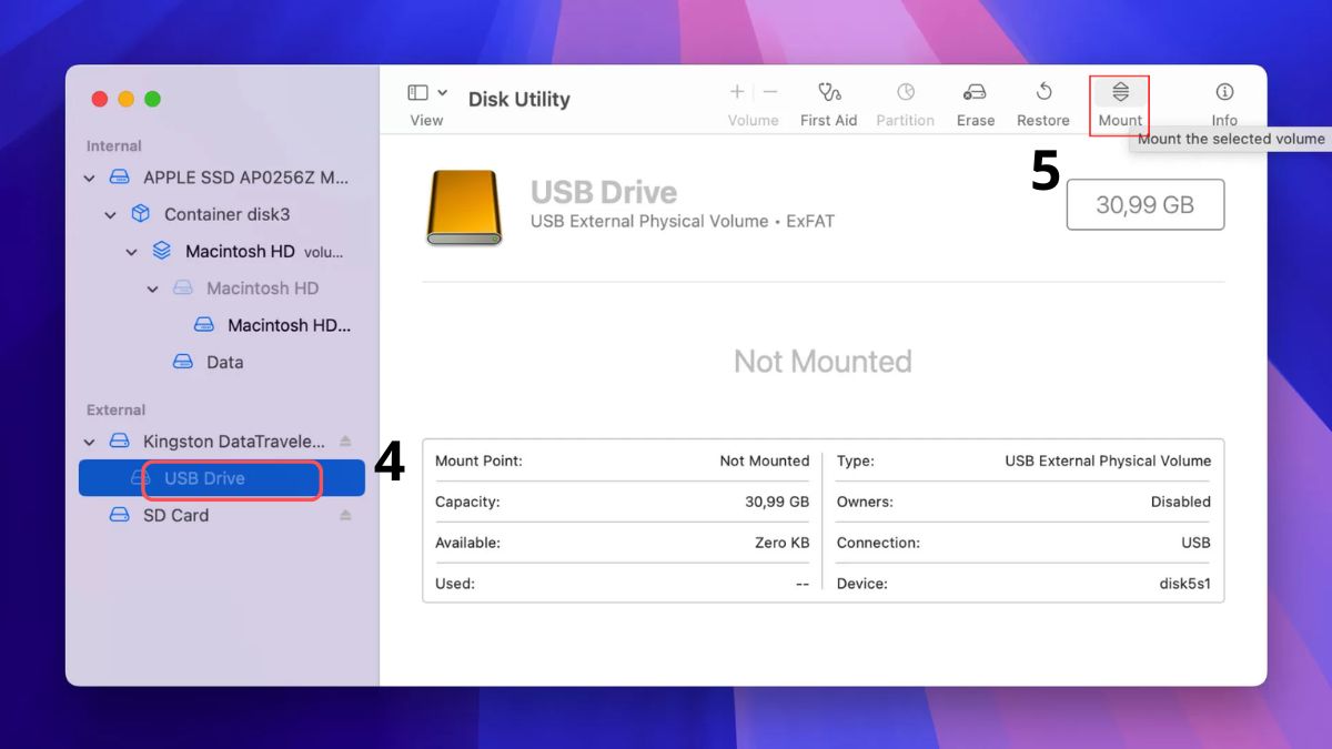 Mở Disk Utility để kiểm tra và Mount USB thủ công