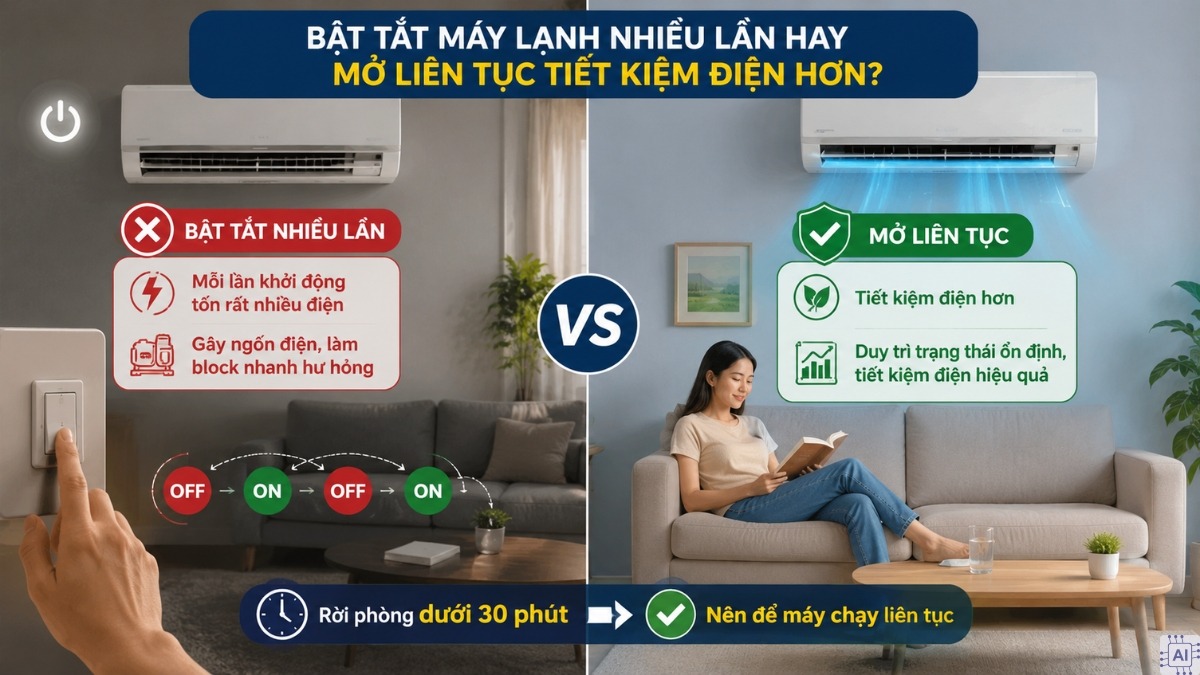 Bật tắt máy lạnh nhiều lần hay mở liên tục tiết kiệm điện hơn?
