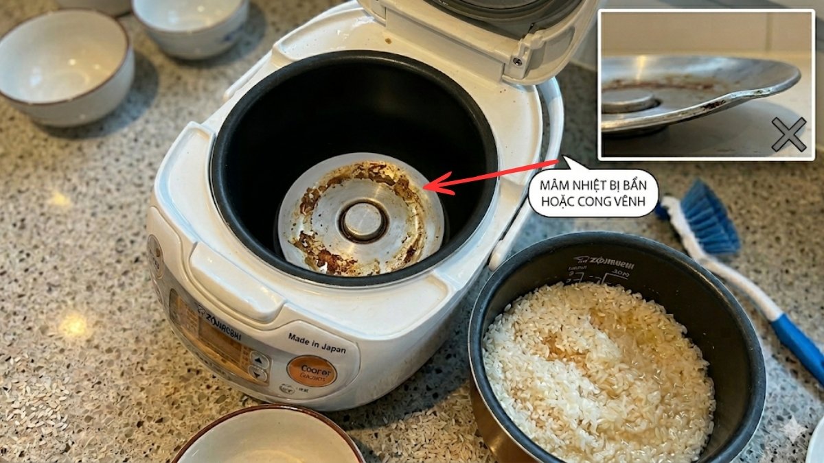 Mâm nhiệt bẩn hoặc cong vênh khiến cơm chín không đều