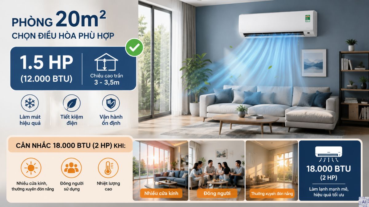 Phòng 20m2 lắp điều hòa bao nhiêu HP