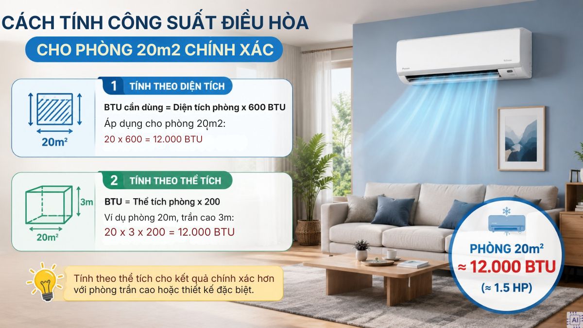 Cách tính công suất điều hòa cho phòng 20m2 chính xác