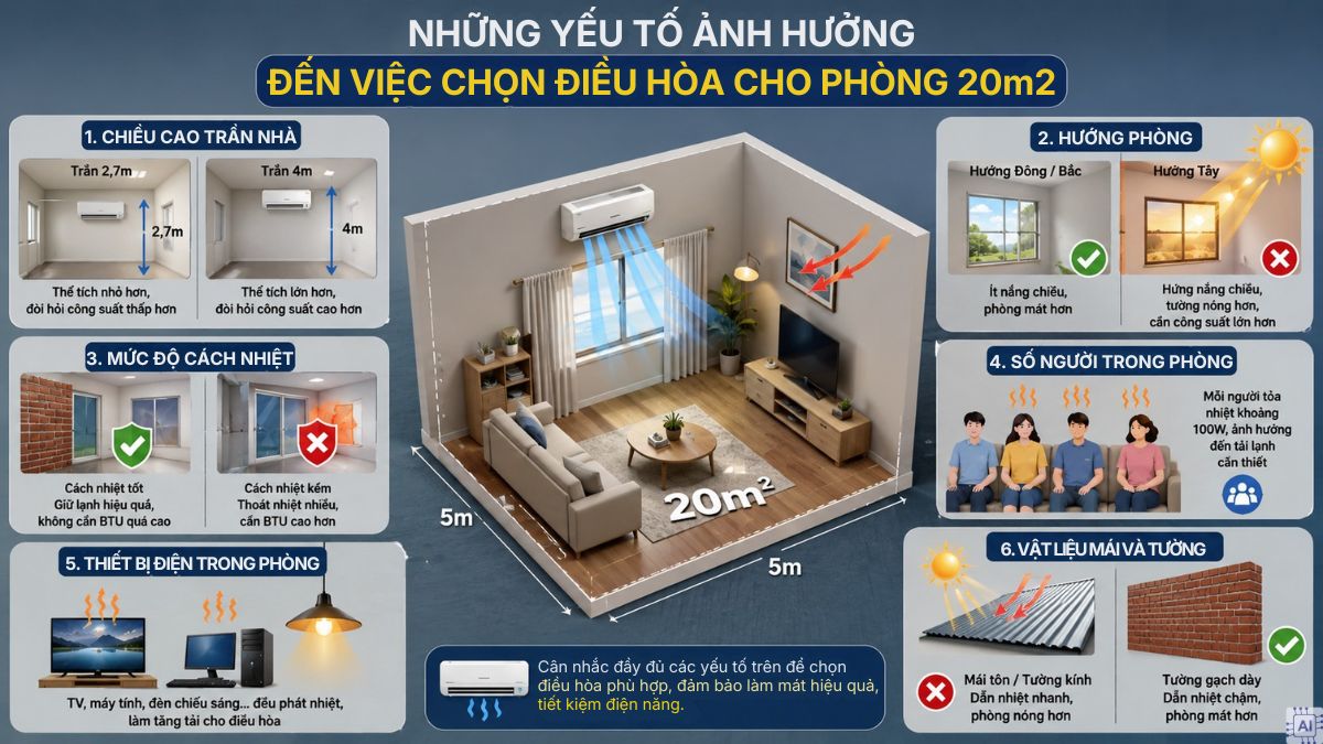 Các yếu tố ảnh hưởng việc chọn công suất điều hòa cho phòng 20m2