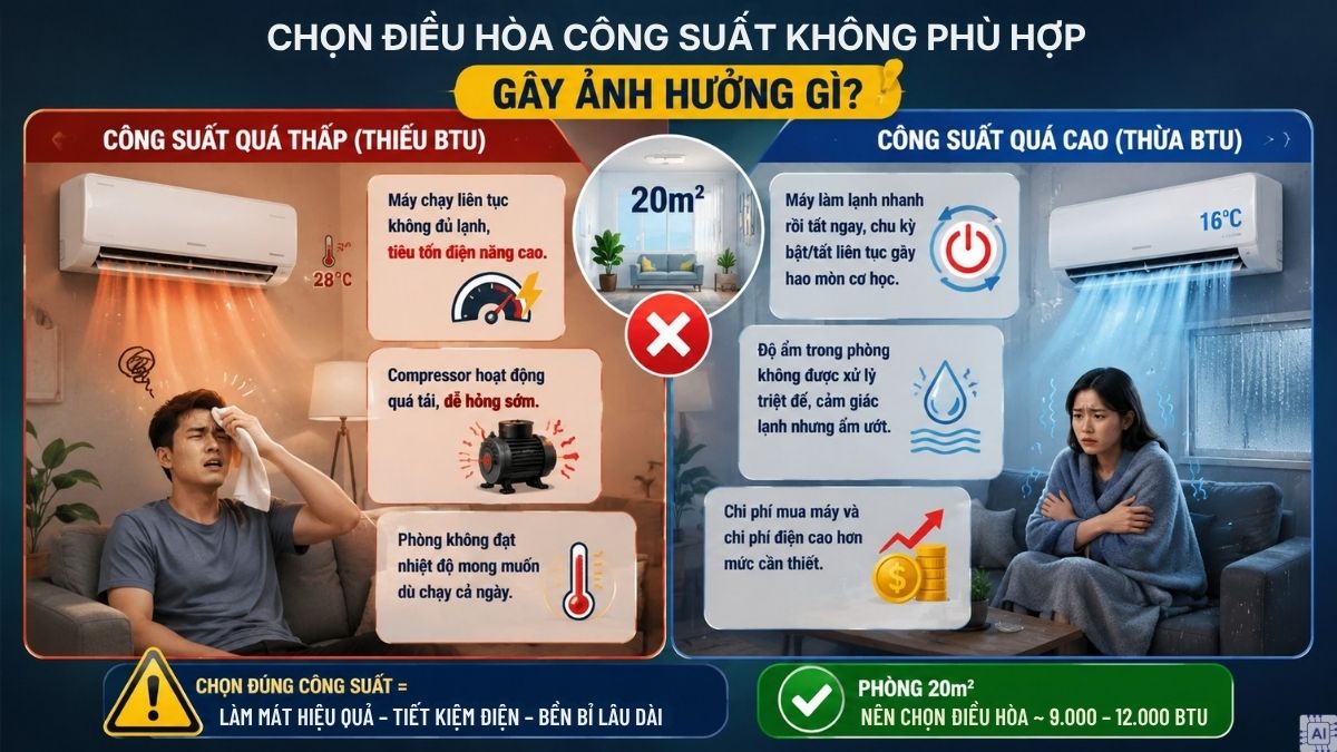 Chọn điều hòa công suất không phù hợp gây ảnh hưởng gì?
