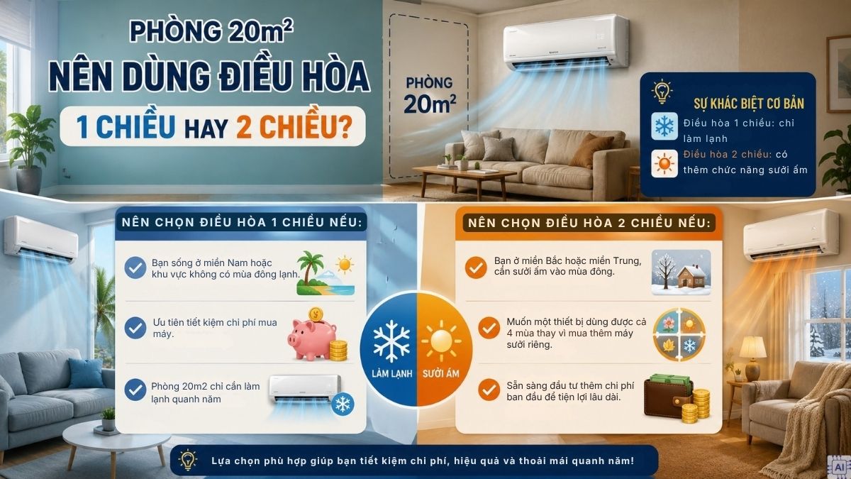 Phòng 20m2 nên dùng điều hòa 1 chiều hay 2 chiều?